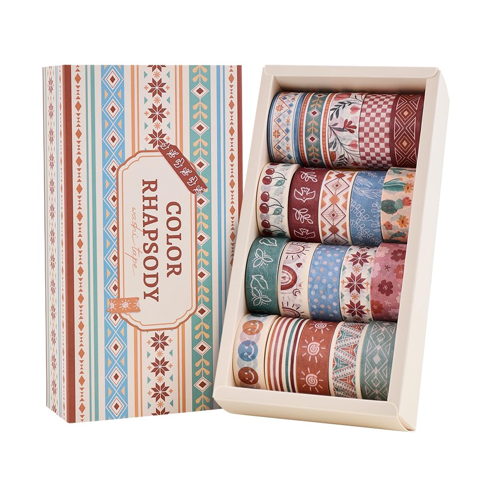 20 Rolls Bohemia Theme Washi Tape Set,Writable Decorative Tapes for Scrapbooking, Bible Journaling, Bullet Journaling, 0.6"x79" per Roll