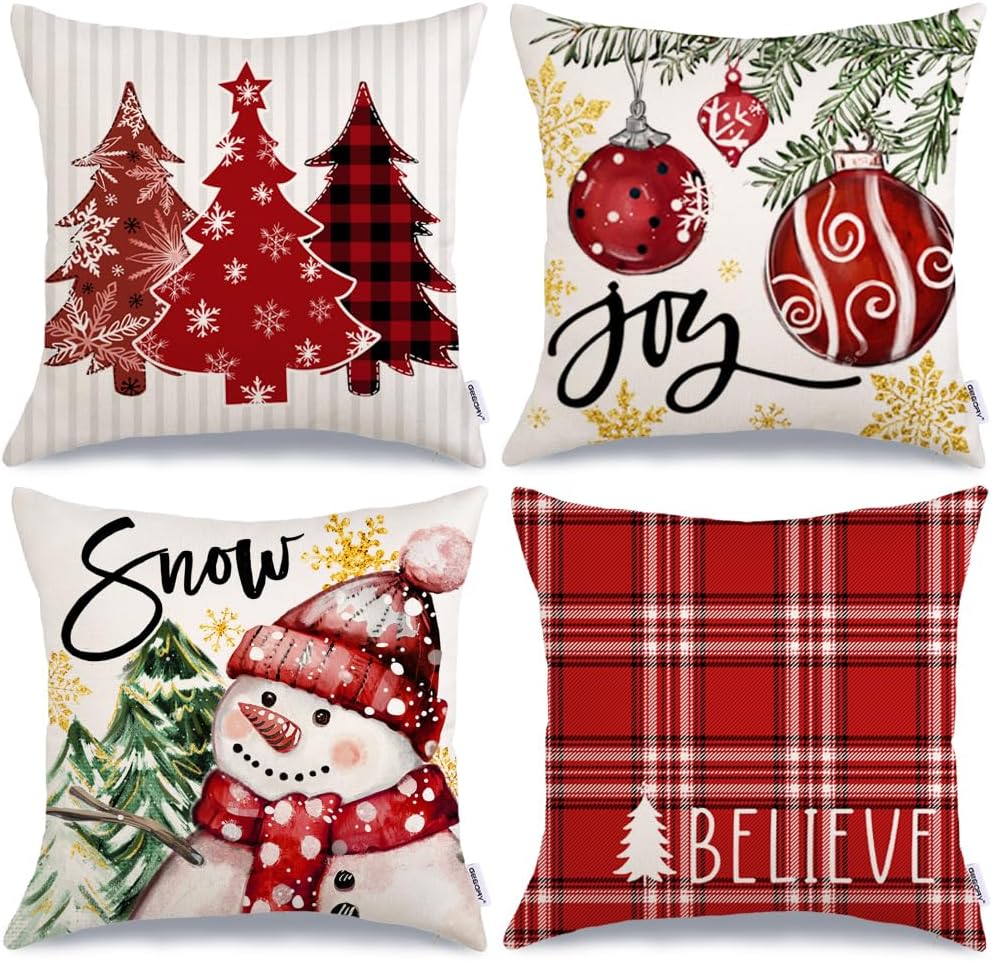 GEEORY Winter Christmas Throw Pillow Covers 20 x 20 Inch Set of 4, Xmas Trees Snowflake Snowman Joy Holiday Farmhouse Decorative Cushion Cases for Home Decoration G583-20