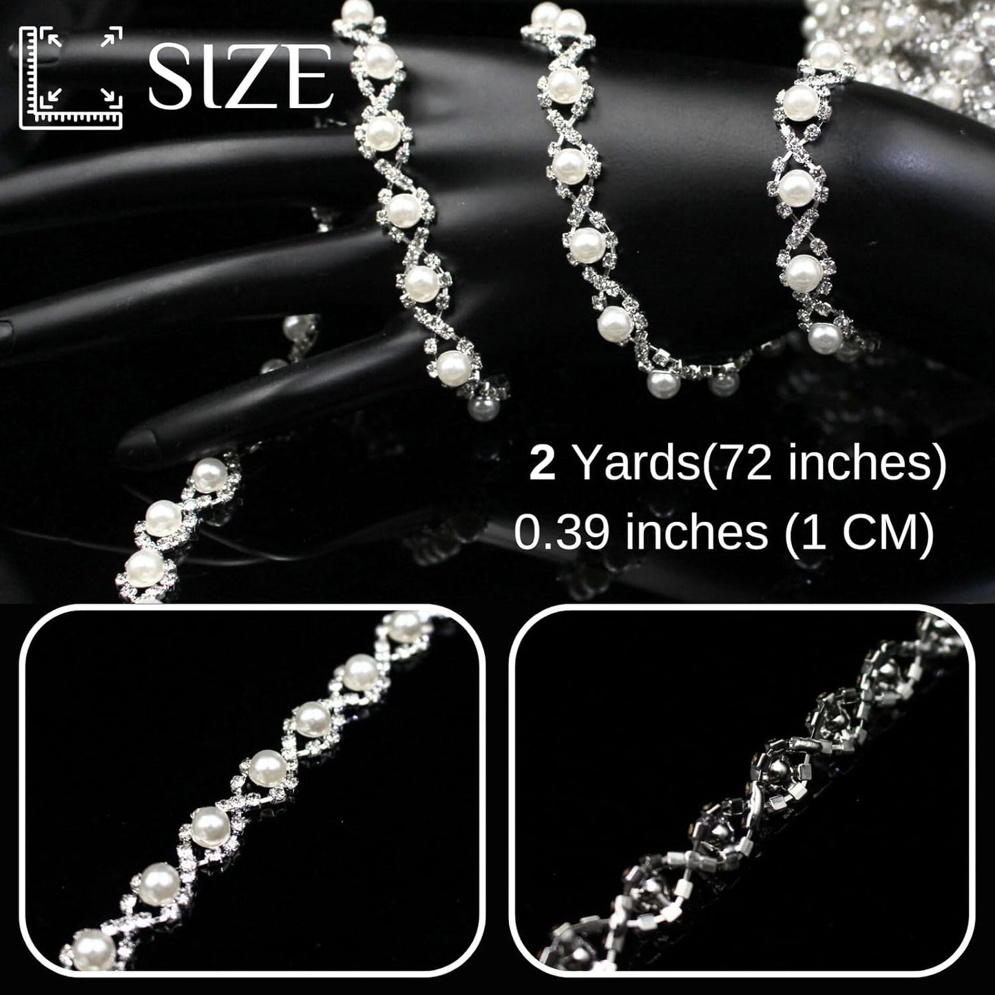 2 Yard Pearl Rhinestone Trim Chain Silver String Crystal Applique Fringe Ribbon Strips Beads Sewing Dress DIY Party Wedding Bouquet for Decoration Bridal Costume Embellishment