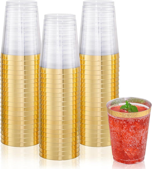 DaYammi 200 Pack Gold Plastic Cups 10 Oz Clear Plastic Cups Gold Rimmed Disposable Wine Glasses Heavy Duty Disposable Tumblers Drinking Cocktail Glasses for Party Wedding
