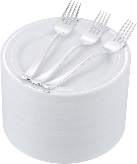 200pcs Silver Dessert Plates with Forks for 100 Guests-100pcs 7.5" Disposable Silver and White Small Plates with 100pcs 7.4" Forks-Cake/Appetizer/Salad Plate for Wedding,Birthday,Party