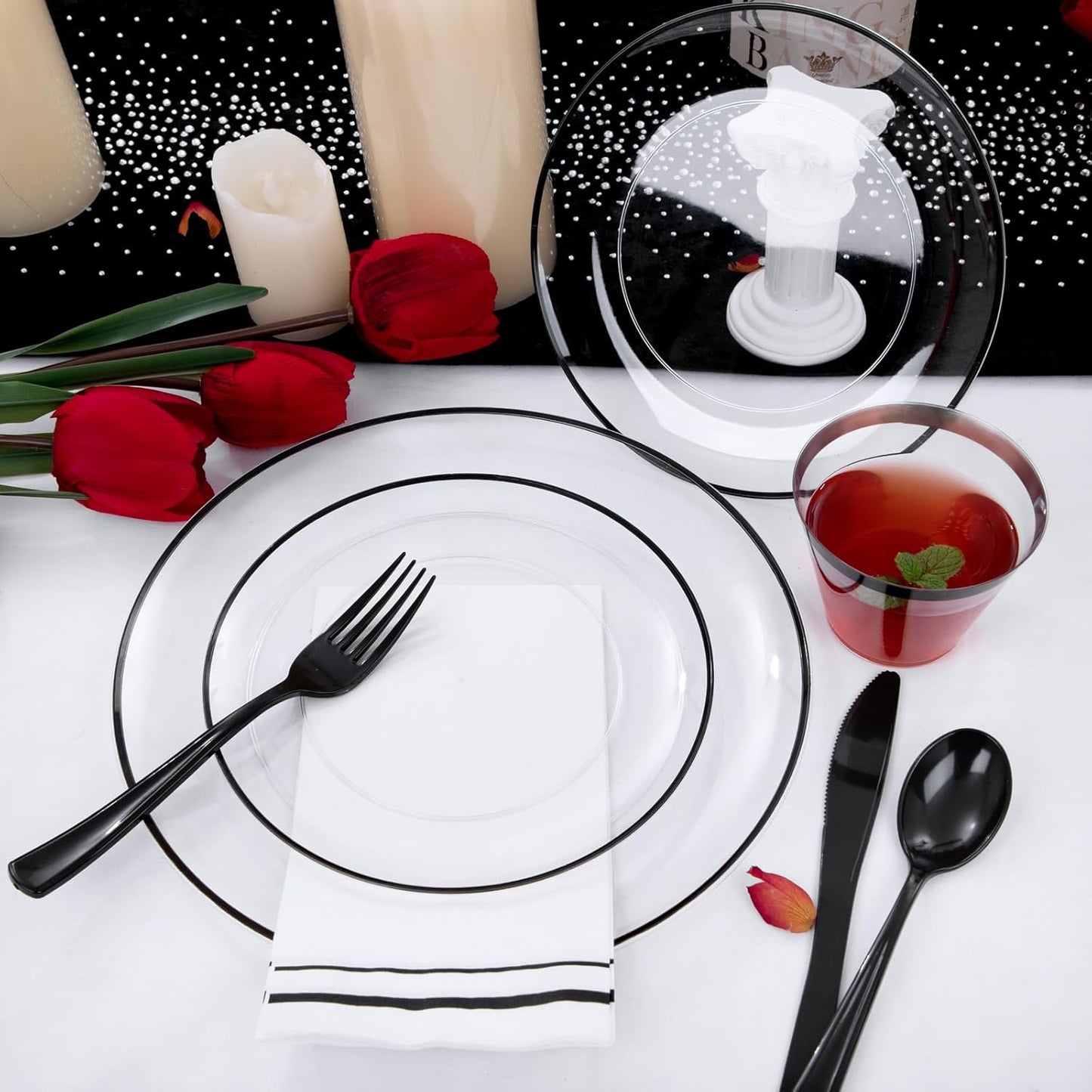 NOCCUR 350PCS Clear and Black Plastic Plates - Disposable Dinnerware Set for 50 Guests Include 100 Dinner/Dessert Plates,150 Black Cutlery,50 Cups&50 Napkins Ideal for Party, Birthday, Halloween