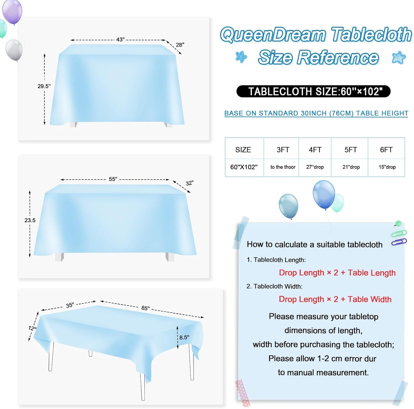 QueenDream Sequin Tablecloth 60"x102" Sparkly Party Table Cloths Sequin Table Cloth Overlay for Wedding Birthday Baby Shower Decoration Baby Blue
