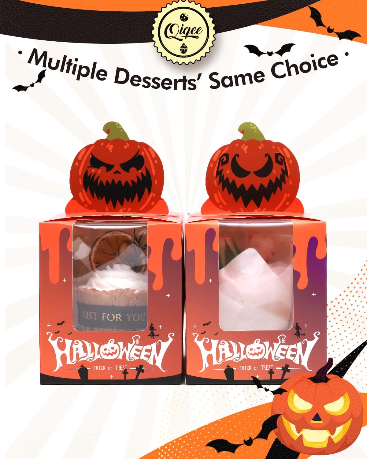qiqee Halloween Individual Cupcake Boxes Cupcake Holders Disposable 60pcs Single Cupcake Boxes with Window 3.7" 3.7"*4.5" Cupcake Containers For Halloween