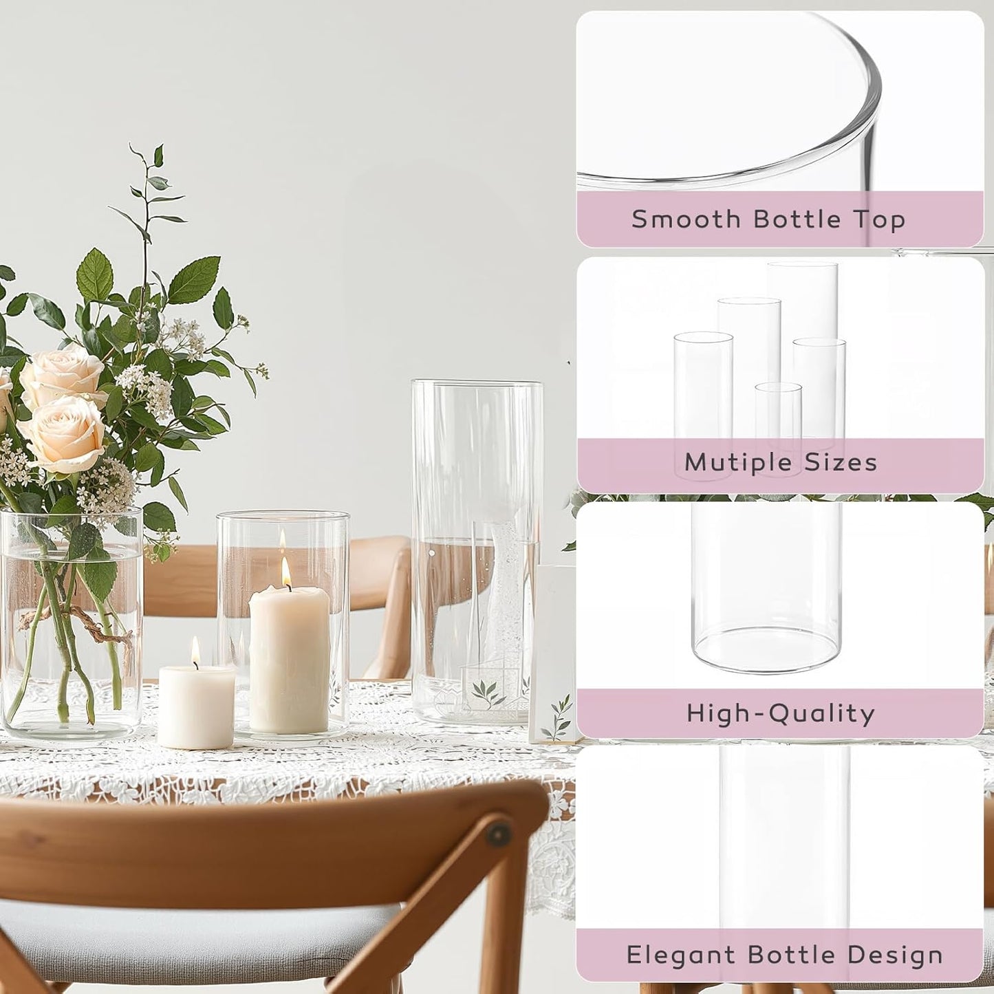 3pcs Glass Vases for Flowers, 4,6,8 Inch Tall Cylinder Vases, Bud Vase and Floating Candle Holder Vase for Wedding & Holiday Centerpieces for Tables, Home Decor, Housewarming Gift