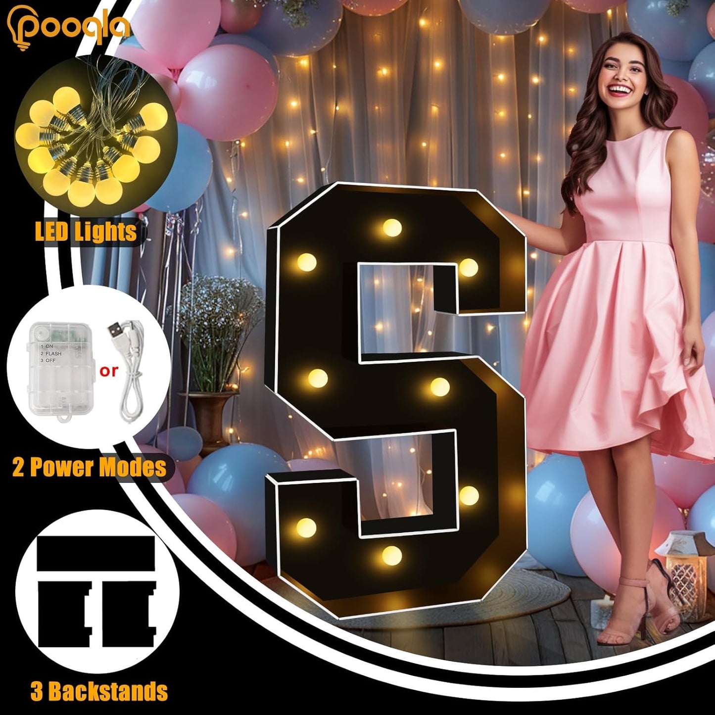 Pooqla 3 FT Marquee Light Up Letters, Black Marquee Letter Lights 3 Feet Tall, Giant LED Sign Big Mosaic Letters for Balloons Birthday Party Anniversary Wedding Decorations, Warm White F