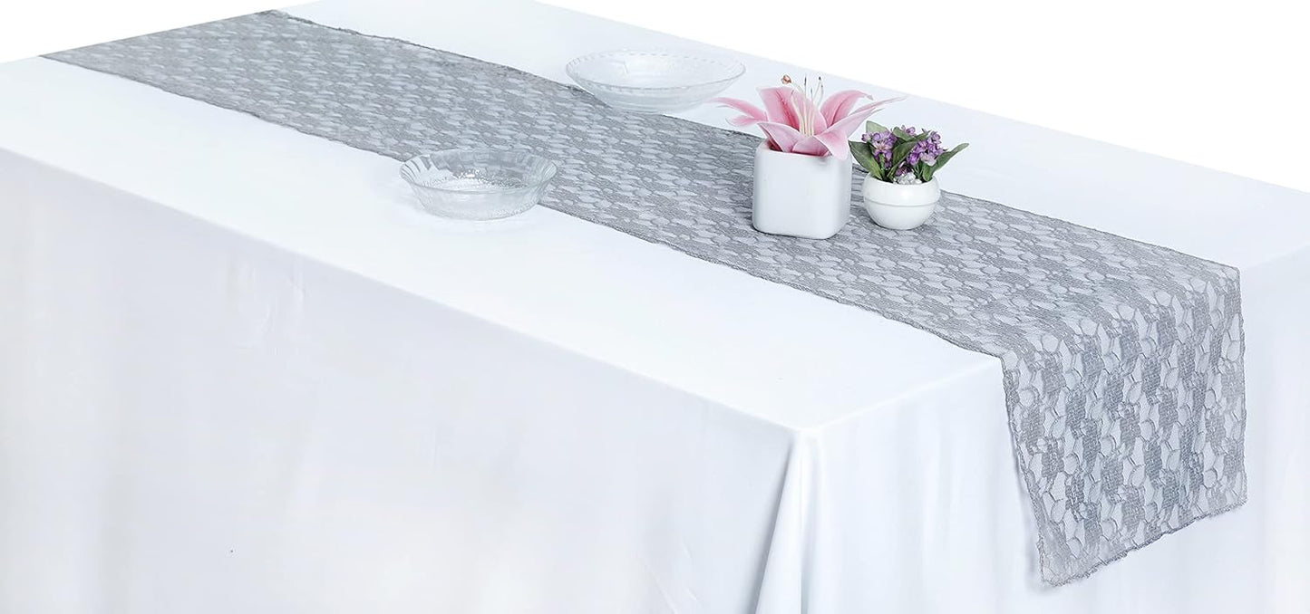 MDS Pack of 15 Wedding 12 x 108 inches Lace Table Runner for Wedding, Decorations for Birthday Parties, Banquets, Graduations, Engagements, and Runners fit Rectangle, Round Table- Silver Gray