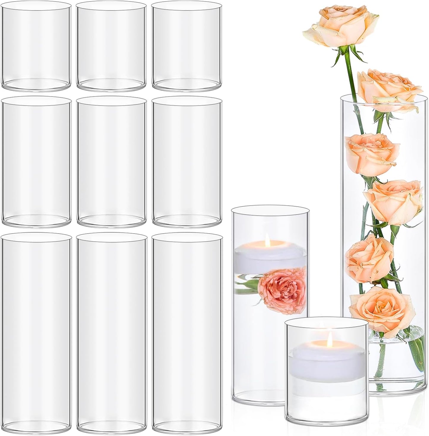 12 Pack Glass Cylinder Vases 4, 8, 12 Inch Tall Clear Vases for Centerpieces Wedding Decoration, Clear Glass Flower Vases Hurricane Floating Candle Holder for Party Table Home Decor
