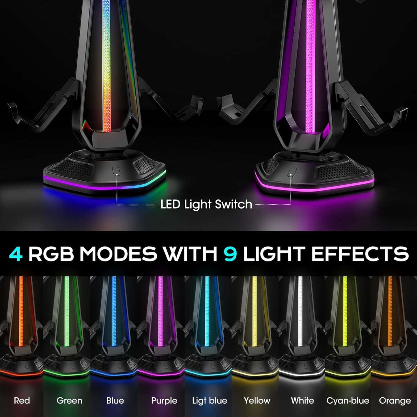Saitake RGB Headset Stand with 9 Light Modes,Controller Holder for Desk with 2 USB Charging Ports,Suitable for All Headphones and Controllers,Can Simultaneously Place 1 Headset and 4 Controllers