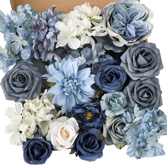 Artificial Flowers Combo Box Set Dusty Blue Flowers for DIY Wedding Bouquet Arrangements Bridal Shower Party Home Decorations(White Blue Rose)