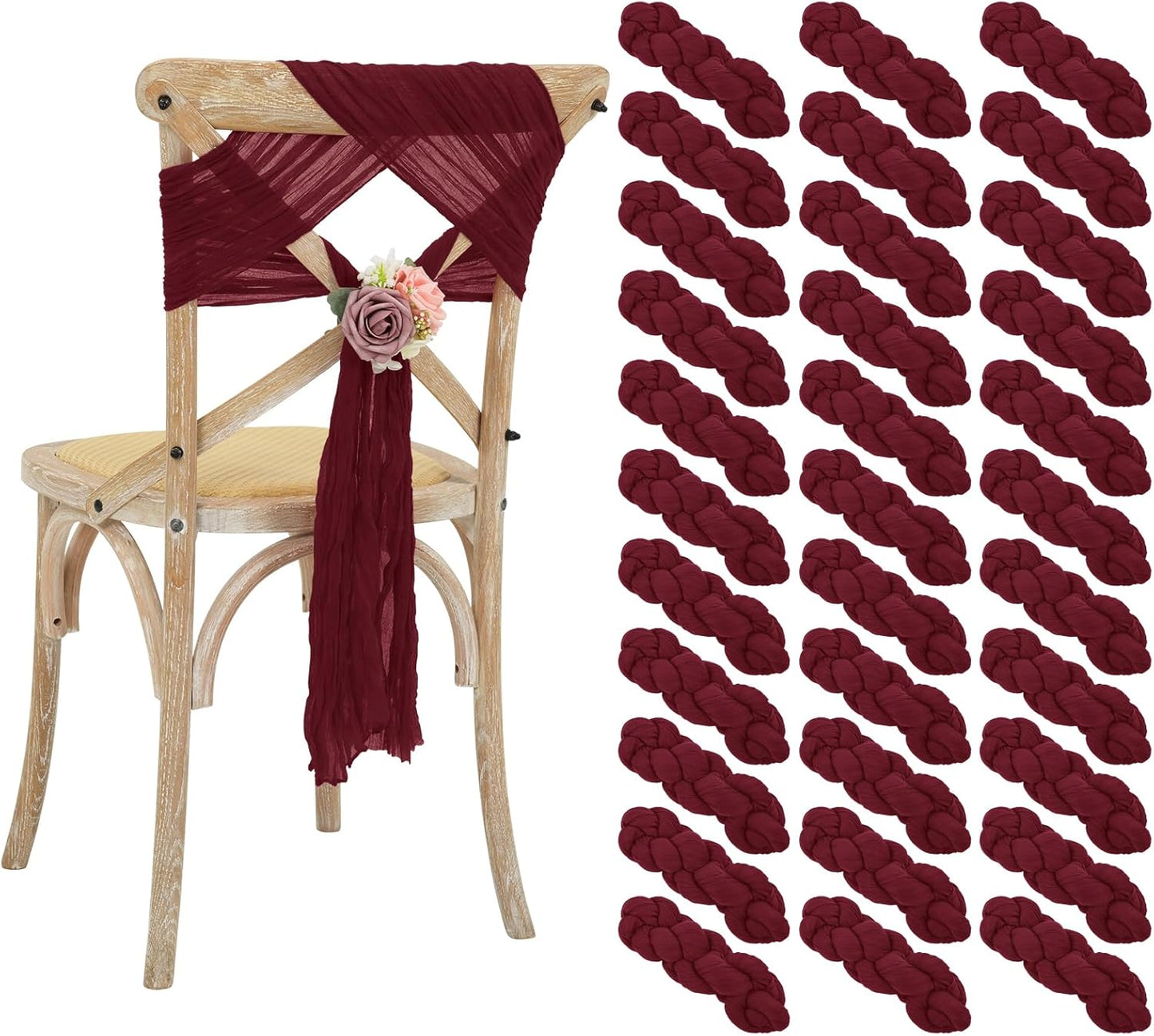 50 PCS Cheesecloth Chair Sashes Bows Wedding Aisle Decorations Chair Ribbon Ties Back Sash for Wedding Party Events Banquet Chair Cover Decoration (Burgundy)