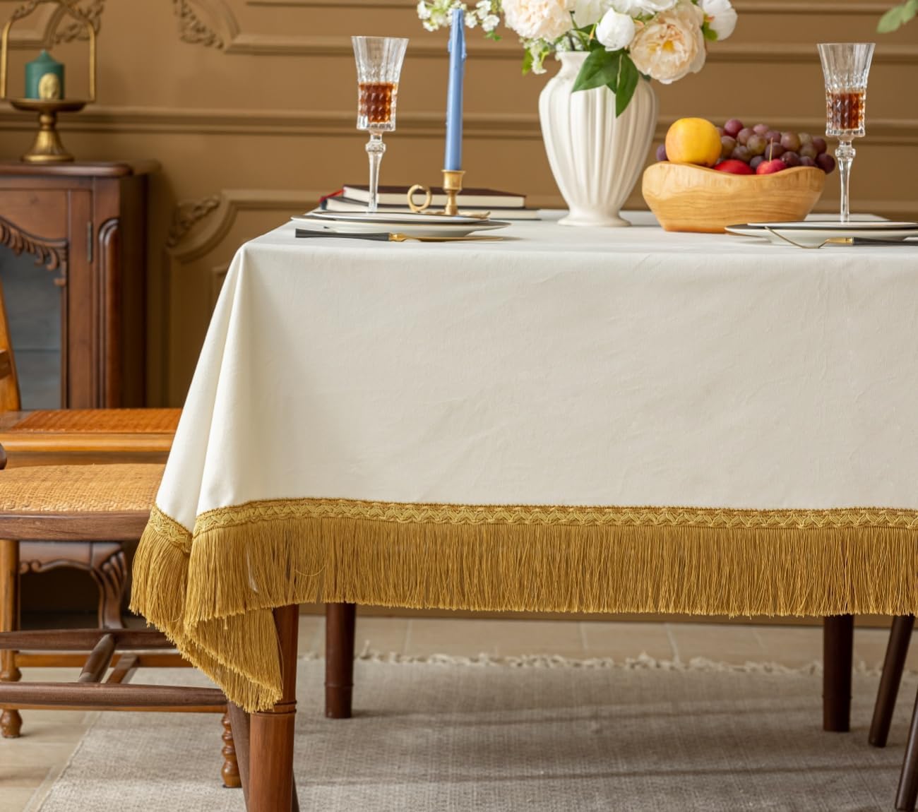 F-CHU White Tablecloth Thickset Velvet Tablecloth with Beautiful Gold Tassels Vintage Table Cloth for Home Decor Wedding, Party, Banquet and Events 67x120-Inch