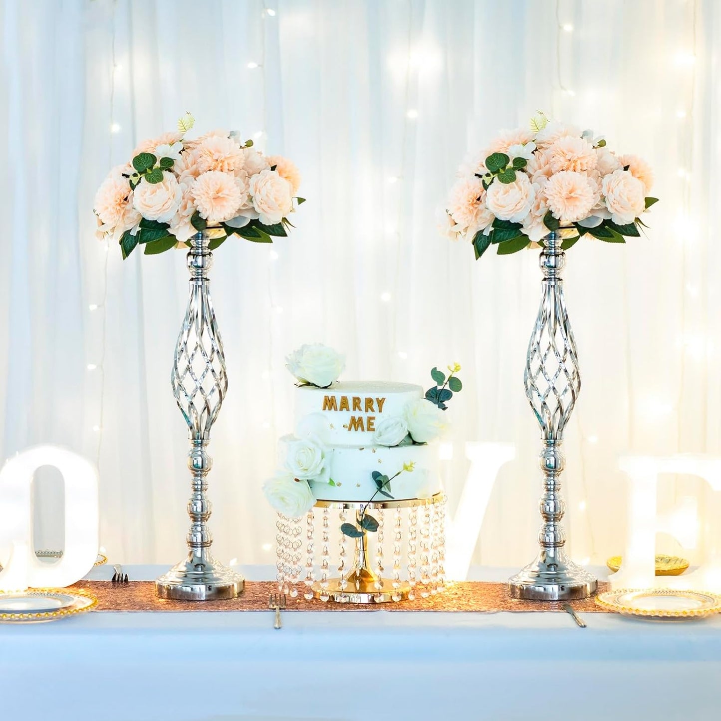 LANLONG 10pcs Metal Silver Candle Holders Road Lead Table Centerpiece Stand Pillar Candlestick for Wedding Candelabra Flowers Vases