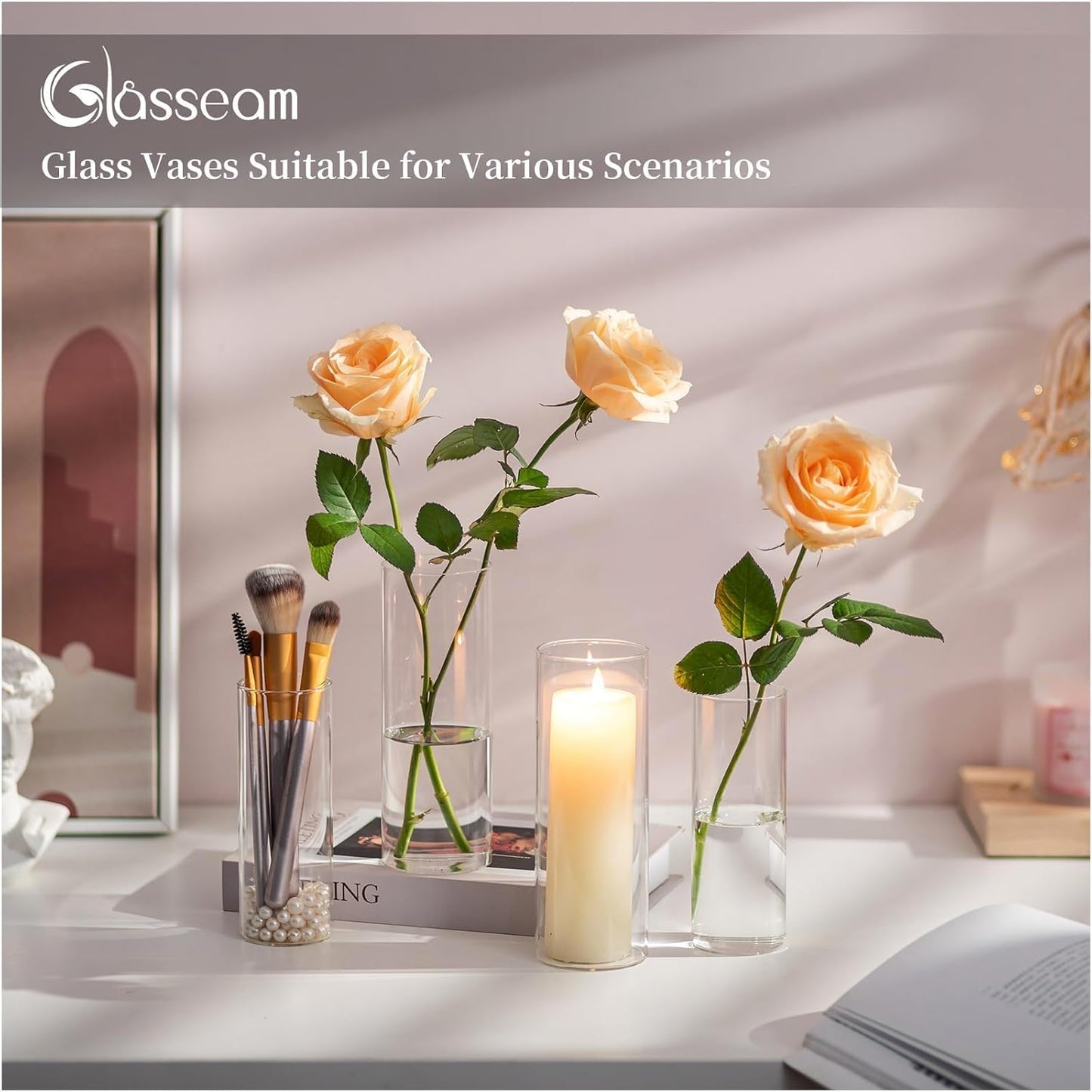 Glasseam Glass Cylinder Vase in Bulk: 32pcs Clear Small Bud Flower Vases for Centerpieces - Modern Hurricane Pillar or Floating Candle Holder for Wedding Party Table Living Room Home Decor, Tall 6"+7"