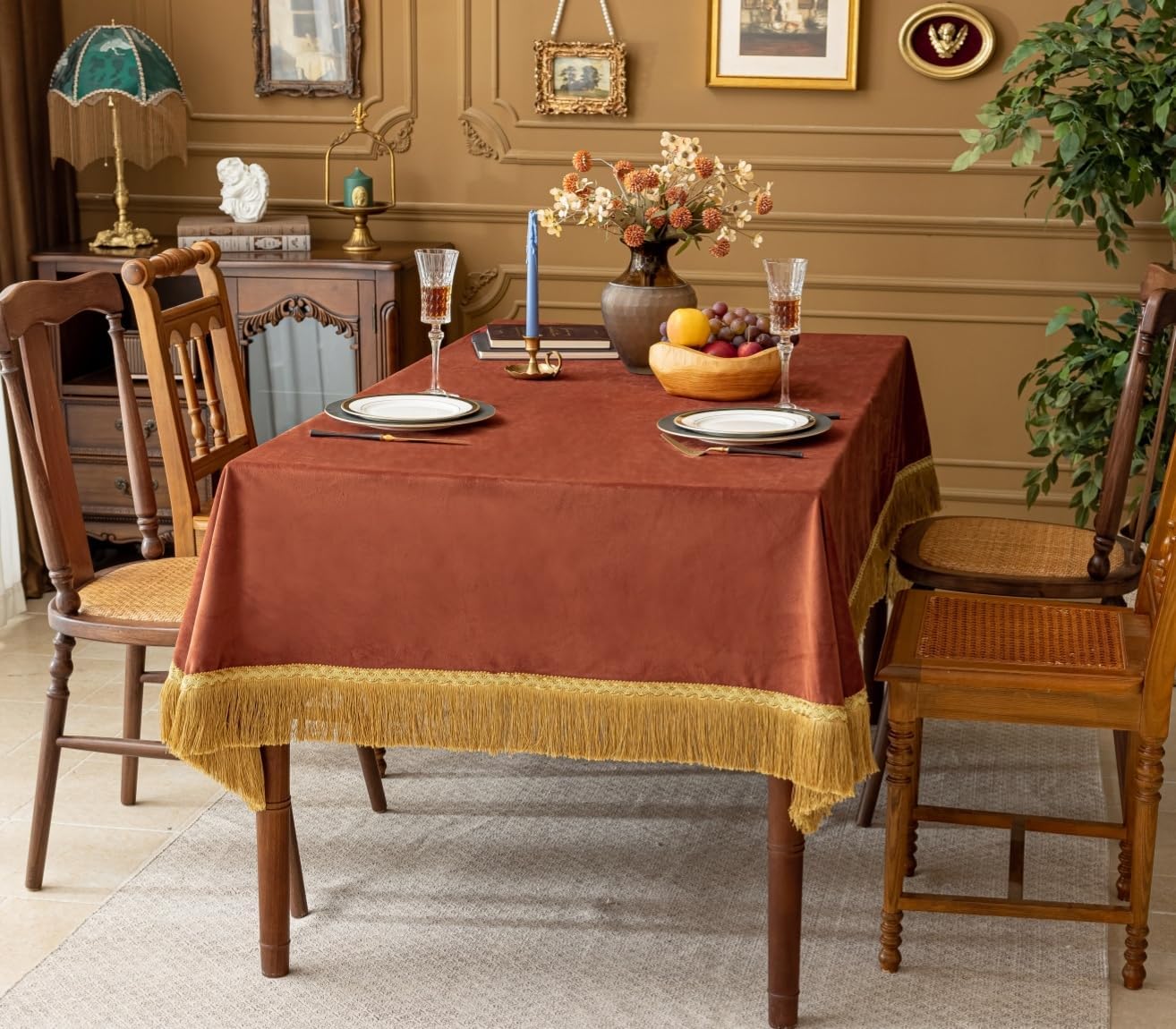 F-CHU Luxury Burnt Orange Tablecloth Thickset Velvet Tablecloth with Beautiful Gold Tassels Table Cloth for Home Decor Wedding, Party, Banquet and Events 60x60-Inch