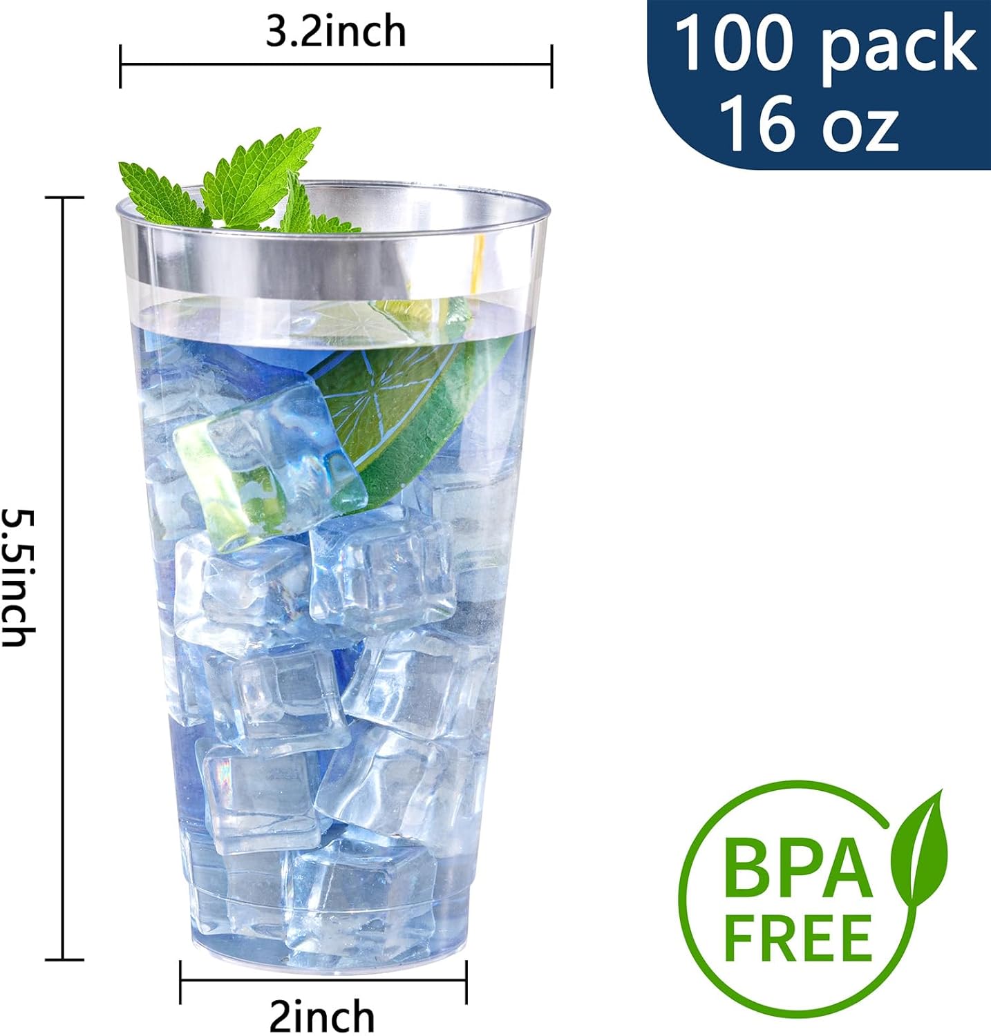 I00000 16 oz Silver Plastic Cups, 100 Pack Clear Plastic Cups,Silver Rimmed Disposable Cup, Heavy-duty Disposable Tumblers Perfect for Party, Holiday, Wedding & Birthday