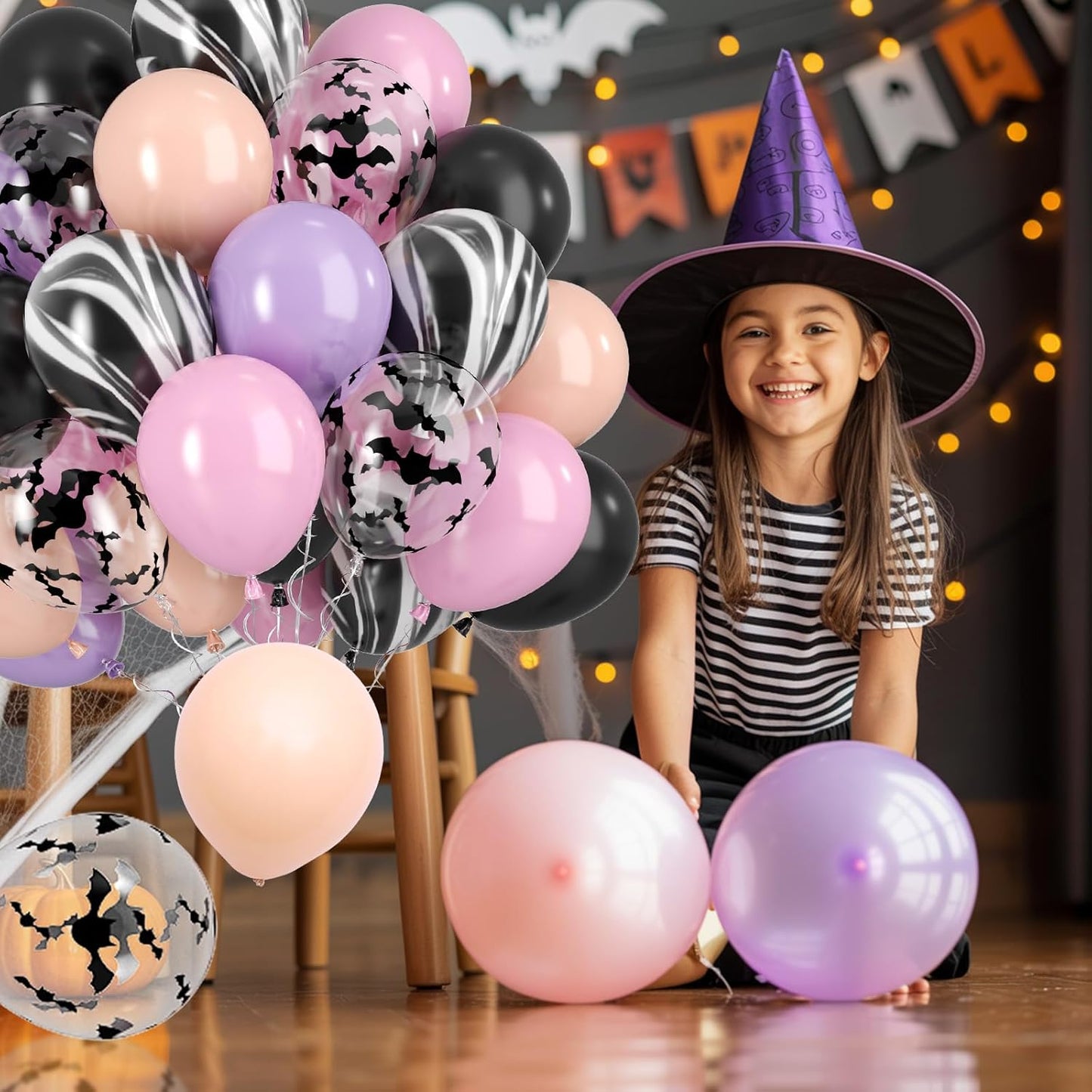 Paready Halloween Balloon, 50pcs Pink Purple Black Balloons, Bat Printed Balloons Black Marble Balloon For Retro Halloween Masquerade Vampire Haunted House Themed Birthday Party Decor Decorations