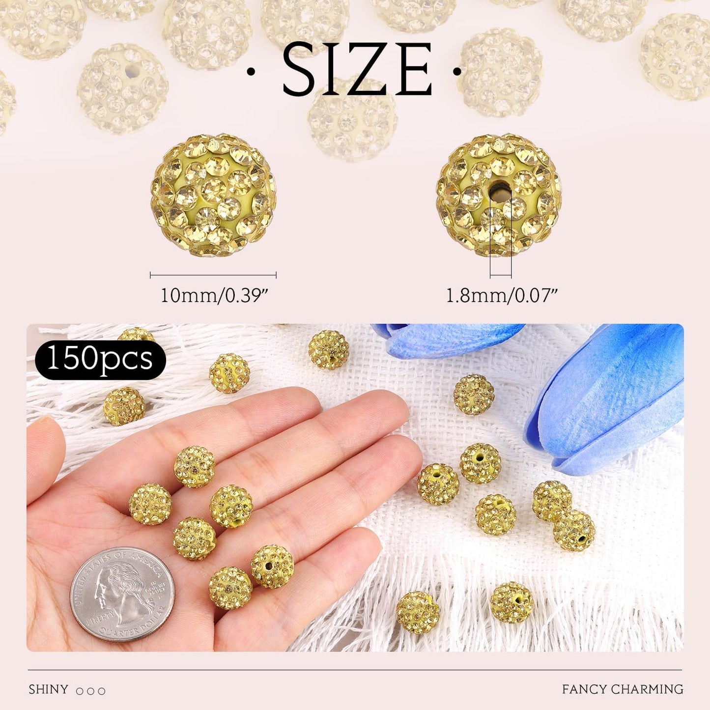 150pcs 10mm Rhinestone Beads for Jewelry Making, Light Yellow Shiny Round Shamballa Disco Beads Bulk, Sparkle Crystal Clay Christmas for Bracelet Baseball Necklace Earring Crafting and DIY