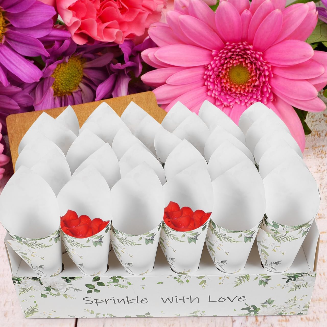 CIMAXIC Wedding Confetti Cone Holder Box - Flower, Paper, Petal Cones - White Paper Cup Candy Stand