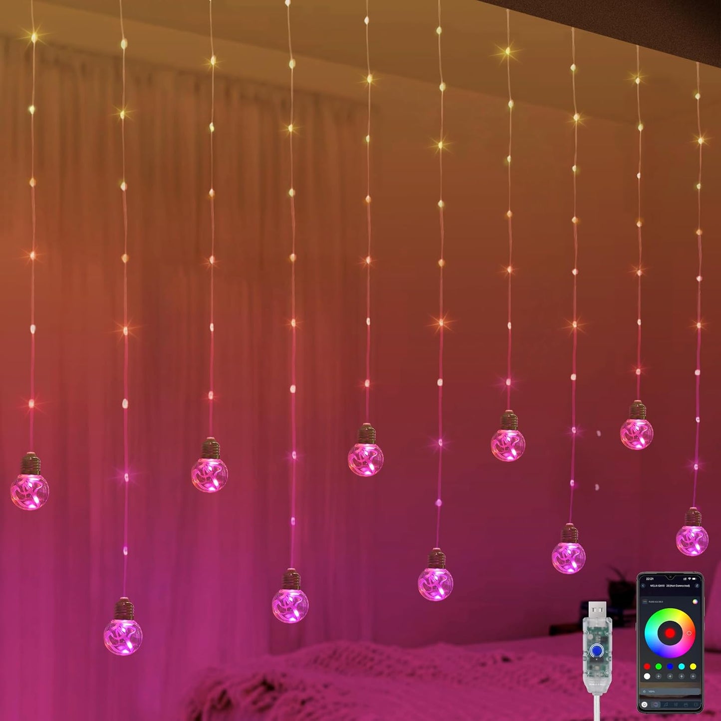 Color Changing Wishing Ball Curtain Lights, 9.8 x 3.3 FT RGB LED Fairy Light with Remote App Control, Music Sync Window Backdrop Wall Hanging Lights for Bedroom Party Halloween Christmas Decoration
