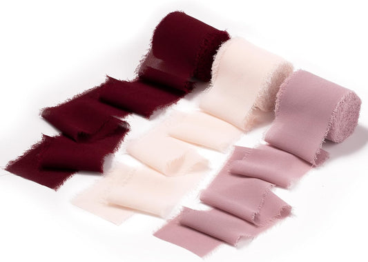DORIS HOME 2" x21Yd Chiffon Ribbon for Flower Bouquet, Pink & Burgundy Fabric Ribbon for Gift Wrapping, Handmade Frayed Ribbon for Wedding, Chiffon Silk Ribbon for Christmas Decorations