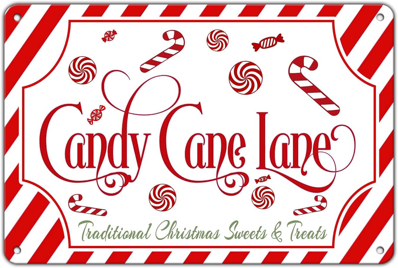 Christmas Candy Cane Lane Metal Tin Sign Traditional Christmas Sweets and Treats Winter Sign for Home Living Room Outdoor or Indoor Wall Decor Gift Christmas Candy Cane Lollipop 8x12Inch