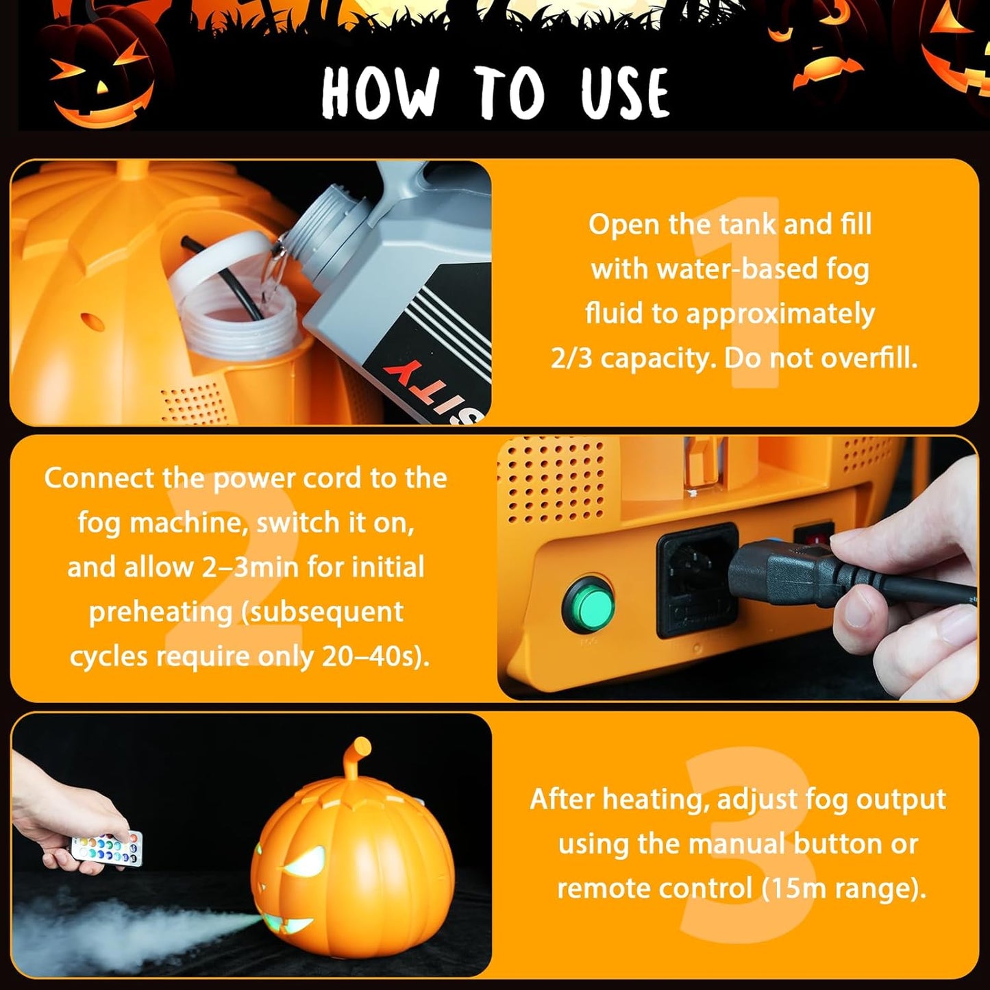 Fog Machine with LED RGB Lights, 800W Halloween Fog Machine with Remote Control, Pumpkin Smoke Machine 12 Colors Lighting Effect for Halloween Band DJ Show Club Outdoor Camping, 4 Pack