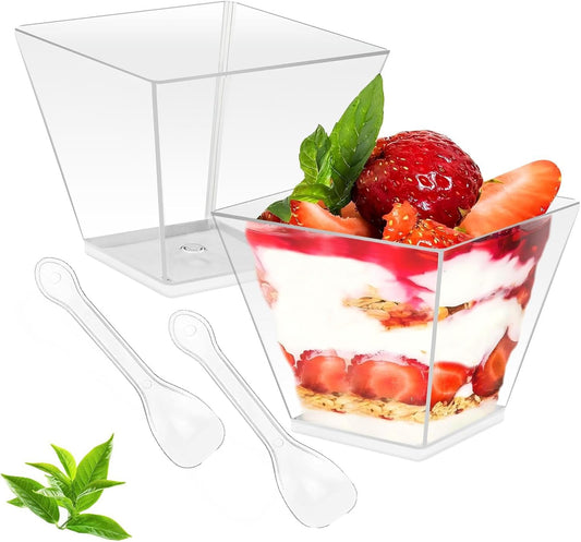 50 Pack 7 oz Clear Plastic Square Dessert Bowls with Spoons，Mini Disposable Parfait Cups for Yogurt, Ice Cream and Tasting，Serving Cups for Appetizer，Pudding，Party (7 oz)