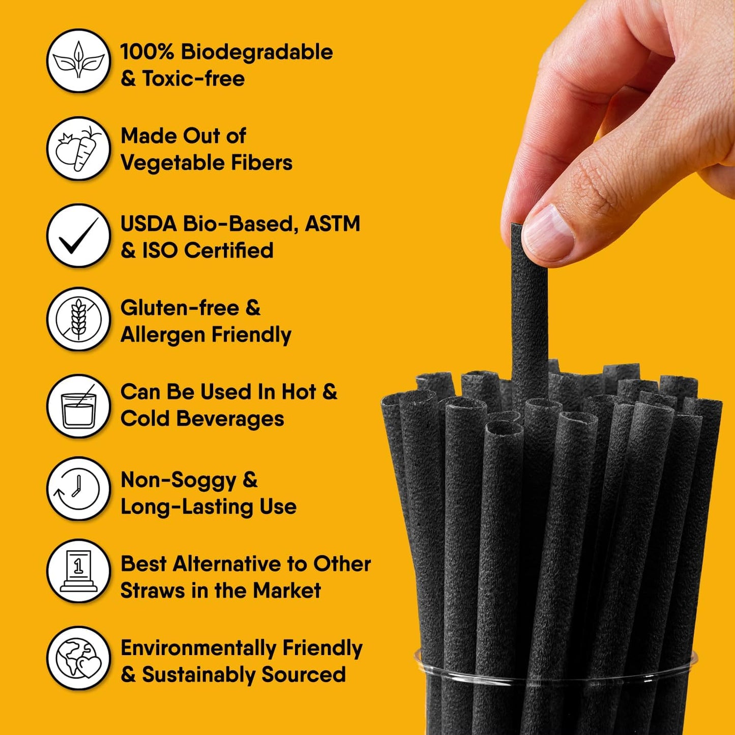 – 150 PCS of 4.75 Inches Unwrapped Black Biodegradable Drink Stirrers – Made of Vegetable Fibers, Best Cocktail Stirrers for Drinks of All Kinds