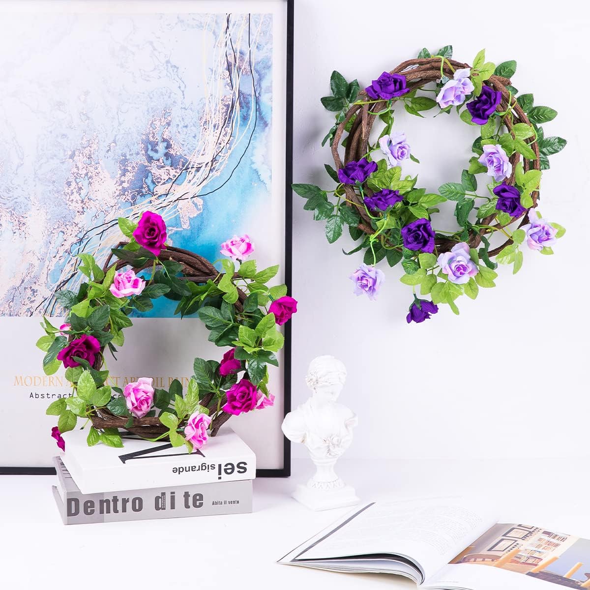 Kisflower 3Pack Artificial Rose Flower Garland, 23.7FT Fake Vines Silk Flowers Hanging Rose Ivy for Wedding Arch Decorations Room Party Home Garden Hotel Office Wall Decor (Purple)