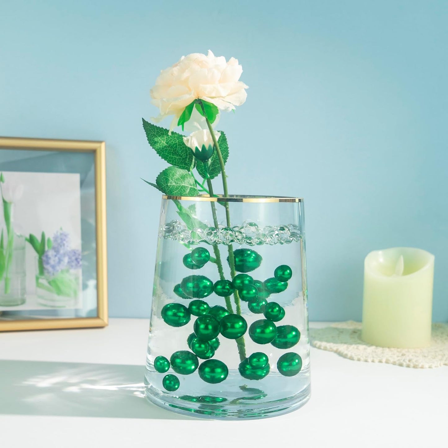 300Pcs Green Polished No Hole Faux Pearl Beads for Vase Filling Decorations, Plastic Pearls Vase Fillers, Table Scatters, Wedding Centerpiece, Home Decor, 8/14/20 mm