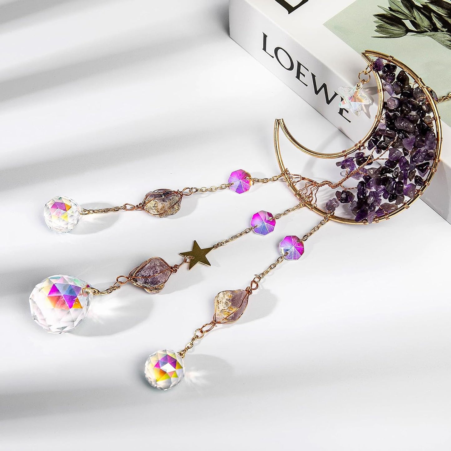 TUOKING Amethyst Crystal Moon Suncatchers for Window Hanging Tree of Life Natural Healing Stones Wind Chimes Sun Catcher Rainbow Maker Good Luck Gifts Decor for Home Garden