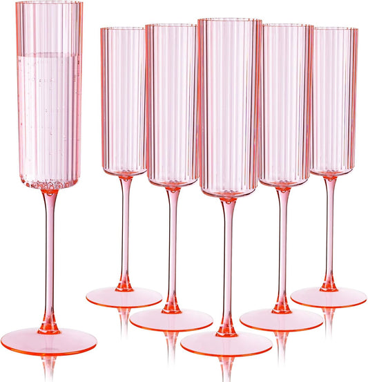 Ciaell 24 Pack Pink Plastic Champagne Flutes - 6oz Ribbed Disposable Champagne Glasses - Pink Vintage Mimosa Glasses with Long Stem, Elegant & Lightweight for Weddings and Party