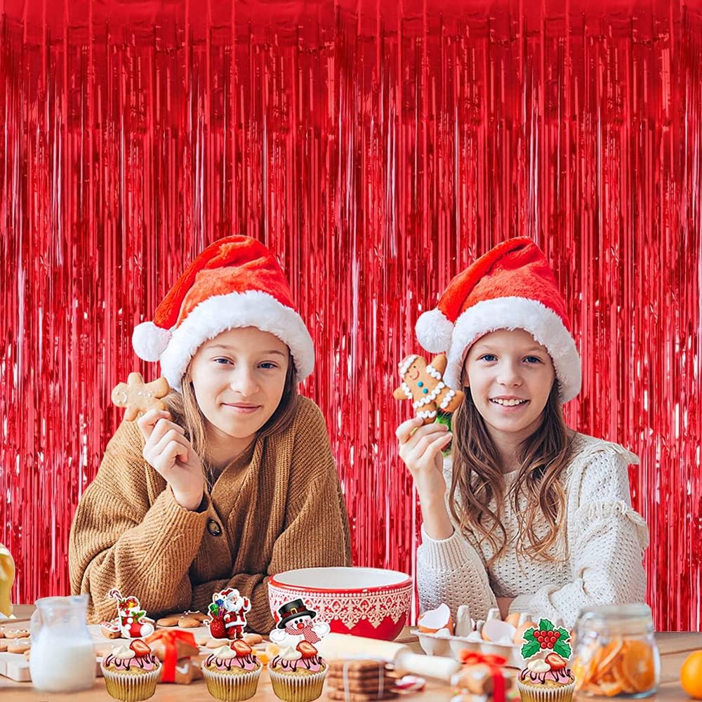 3Pcs Red Metallic Tinsel Foil Fringe Curtains,3.28ft x 6.56ft Red Photo Booth Backdrop Streamer Curtain,Photo Booth Props,Ideal Bachelorette Party Supplies,Birthday, Christmas,New Year Decorations