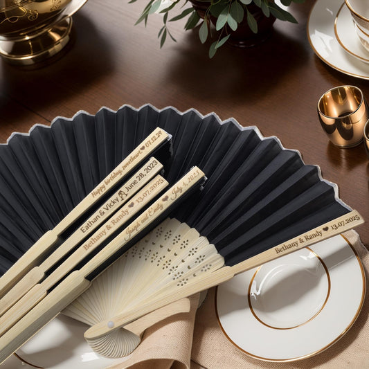 60Pcs Personalized Silk Fans Folding Hand Fan, Custom Wedding Bridal Party Favors, Summer Wedding Bride, Wedding Gift, Thank You Gift (Black)