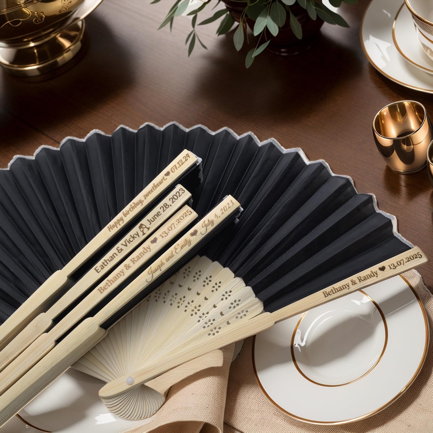 200Pcs Personalized Silk Fans Folding Hand Fan, Custom Wedding Bridal Party Favors, Summer Wedding Bride, Wedding Gift, Thank You Gift (Black)
