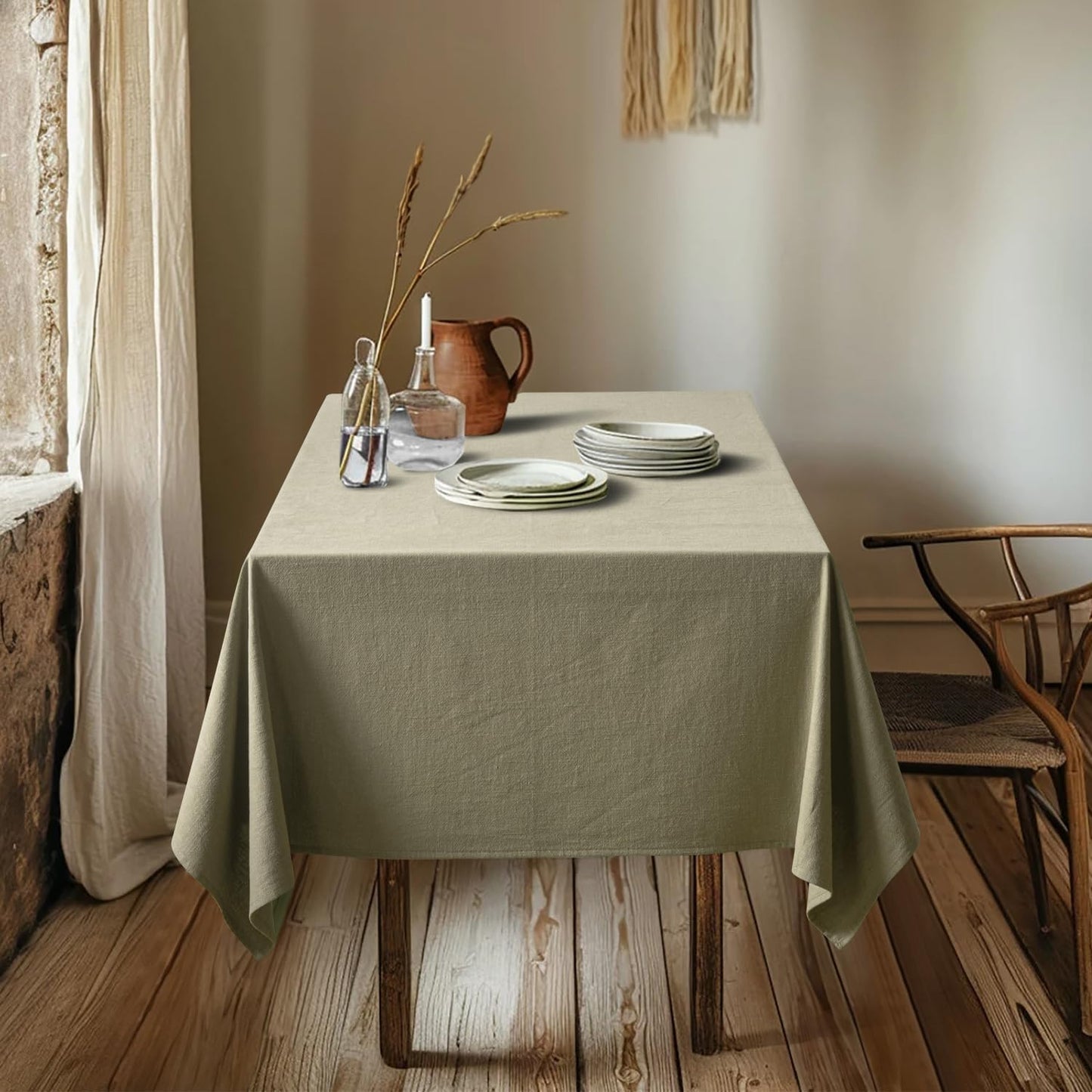 MIULEE Linen Cotton Blend Tablecloth Rectangle, Luxury Waterproof Stain Resistant Durable Farmhouse Oblong Table Cloth for Dining Party Weddings Birthday Events Boho Decor, 52 x 84 inch, Olive Green