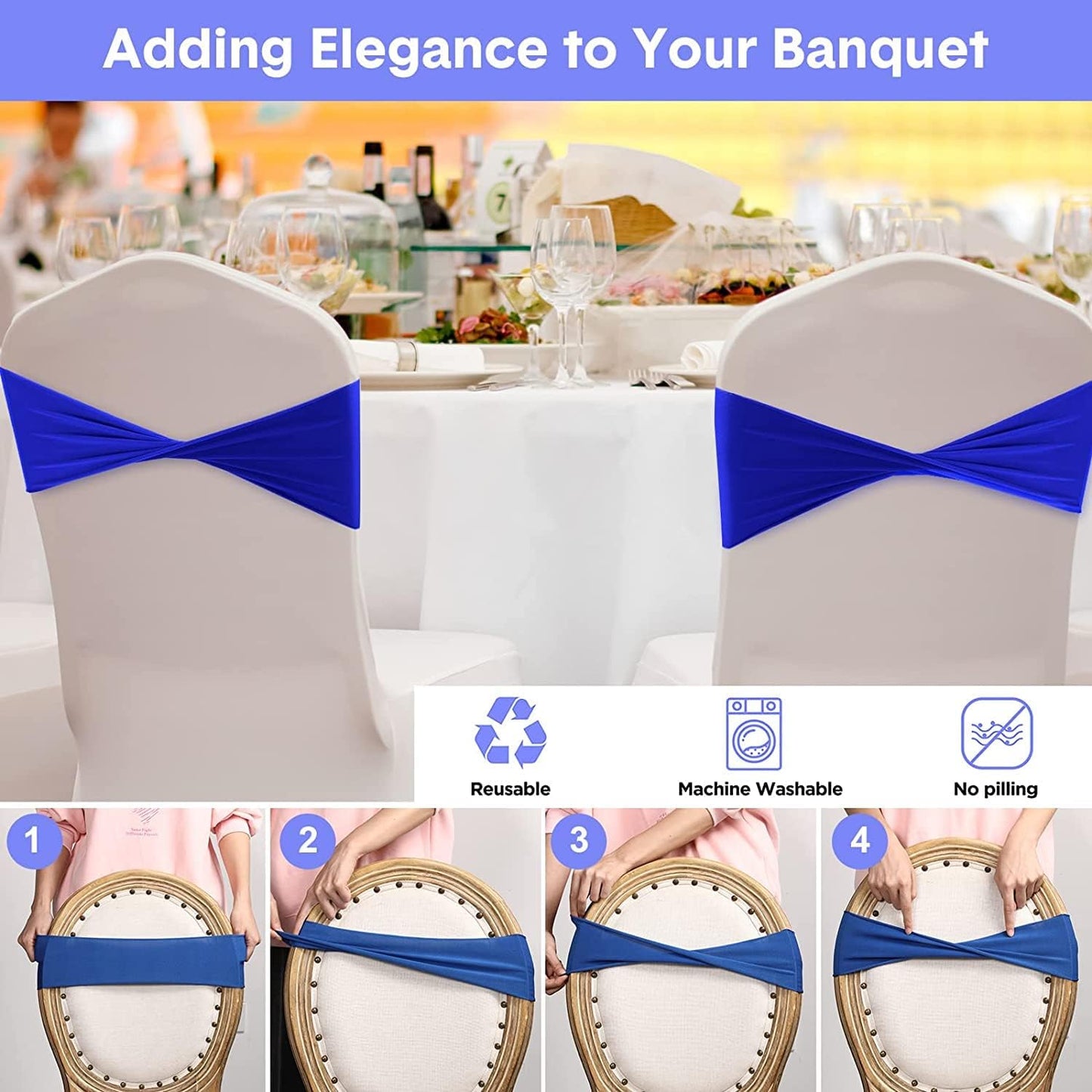 VDS Pack of 250 PCS | Gold | Spandex Chair Sashes Bows Without Buckle | Stretch Elastic Banquet Universal Folding Chair Band Tie with for Wedding Party Conference Celebration Event Decoration