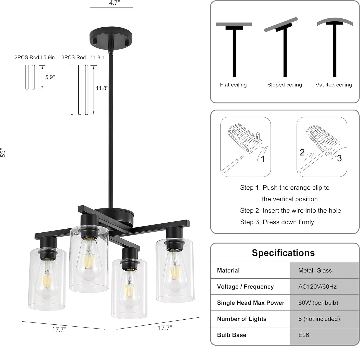 4-Light Modern Farmhouse Black Chandelier, Dining Room Light Fixture Over Table Adjustable Height Hanging Industrial Pendant Lights Kitchen Island, Clear Glass Shade