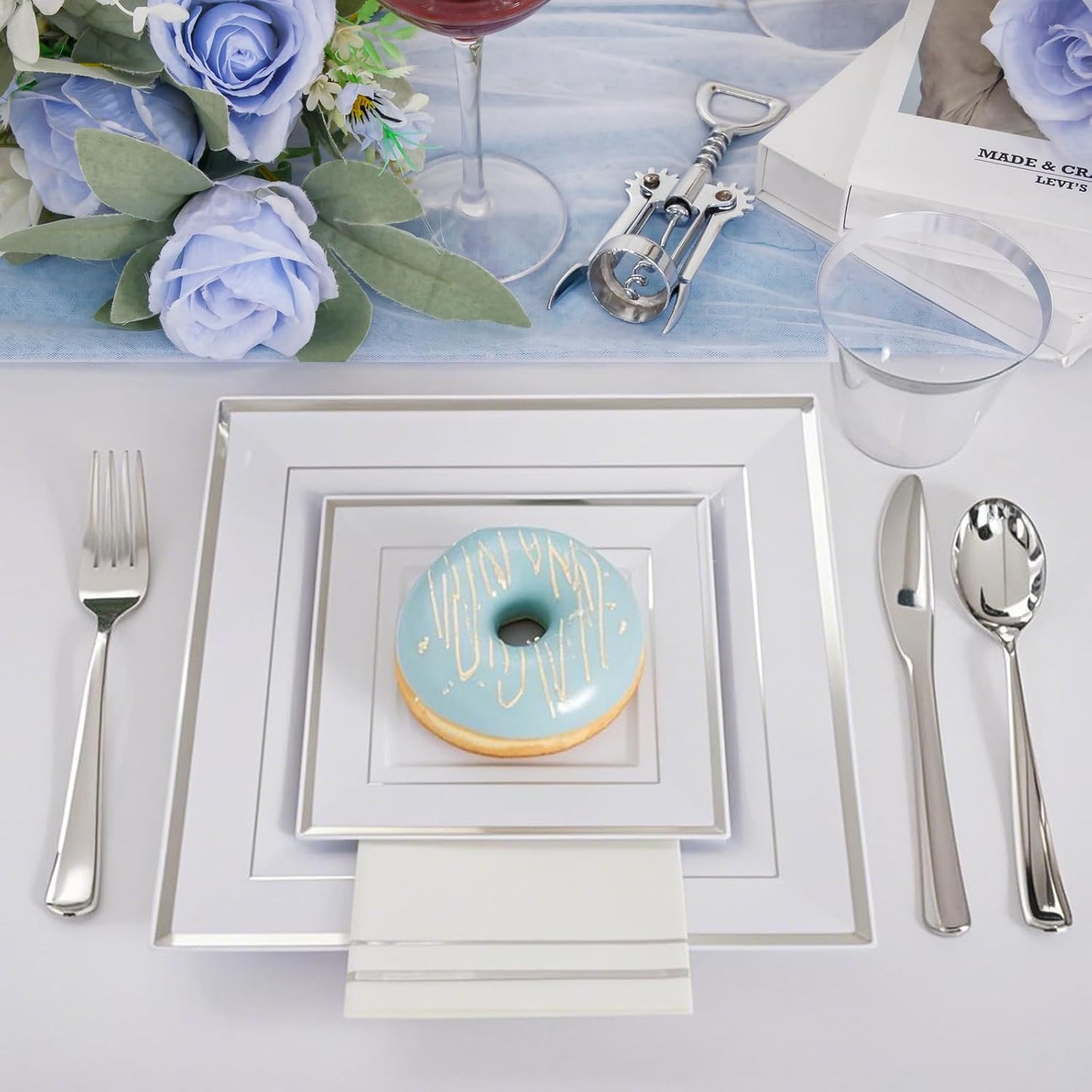 Festiva 350Pcs Silver Plates - Silver Square Plastic Plates 9 .5" and 6" - serve for 50 guests include 50 Cups 50Plastic Cutlery 50Hand Napkins Perfect for Party&Wedding&Birthday&Easter Day