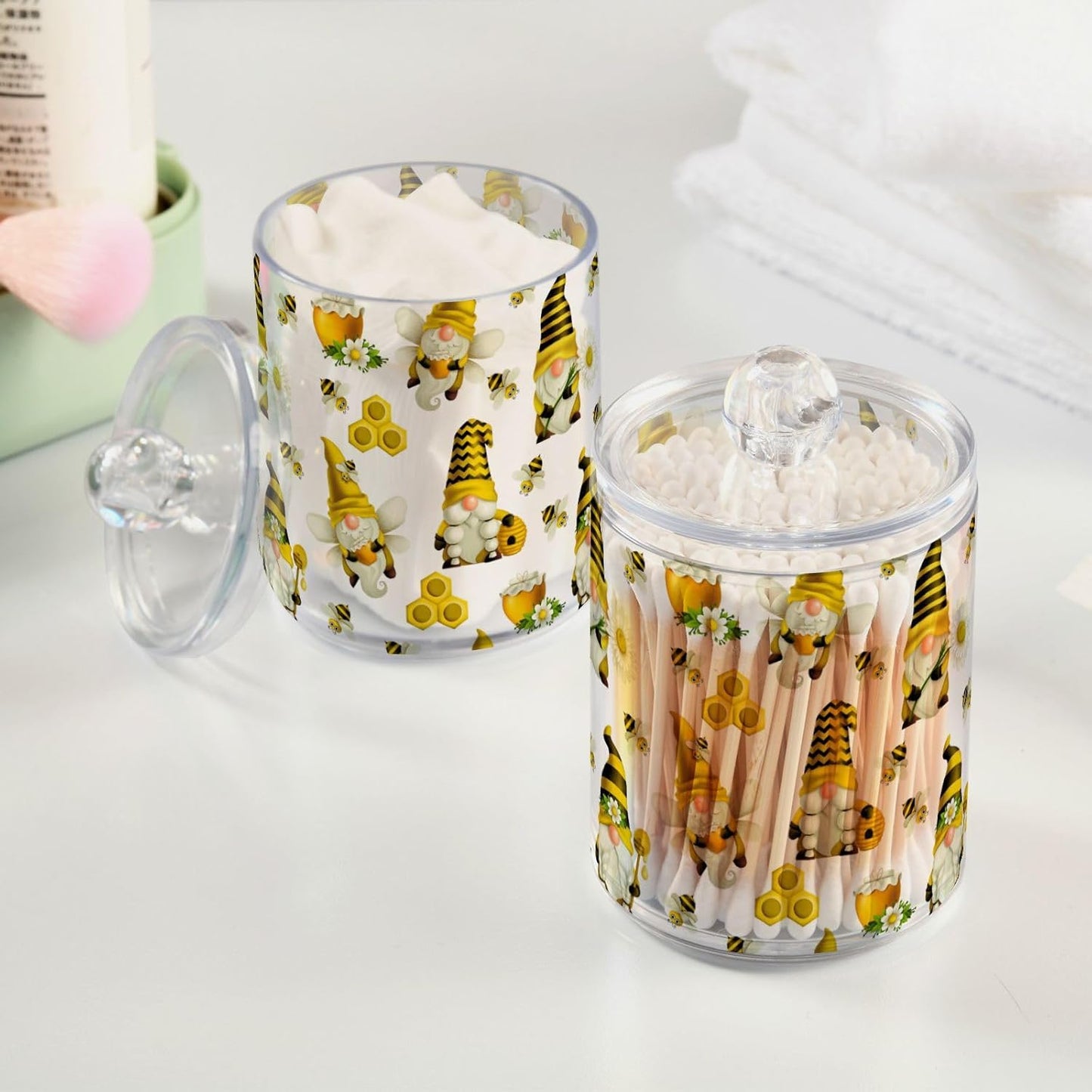 Qtip Holder Dispenser 2 Pack Gnome Bees Flying Dwarf Daisy Apothecary Jars with Lids Bathroom Vanity Countertop Canister Storage Organizer for Cotton Ball,Swabs,Pads,Floss