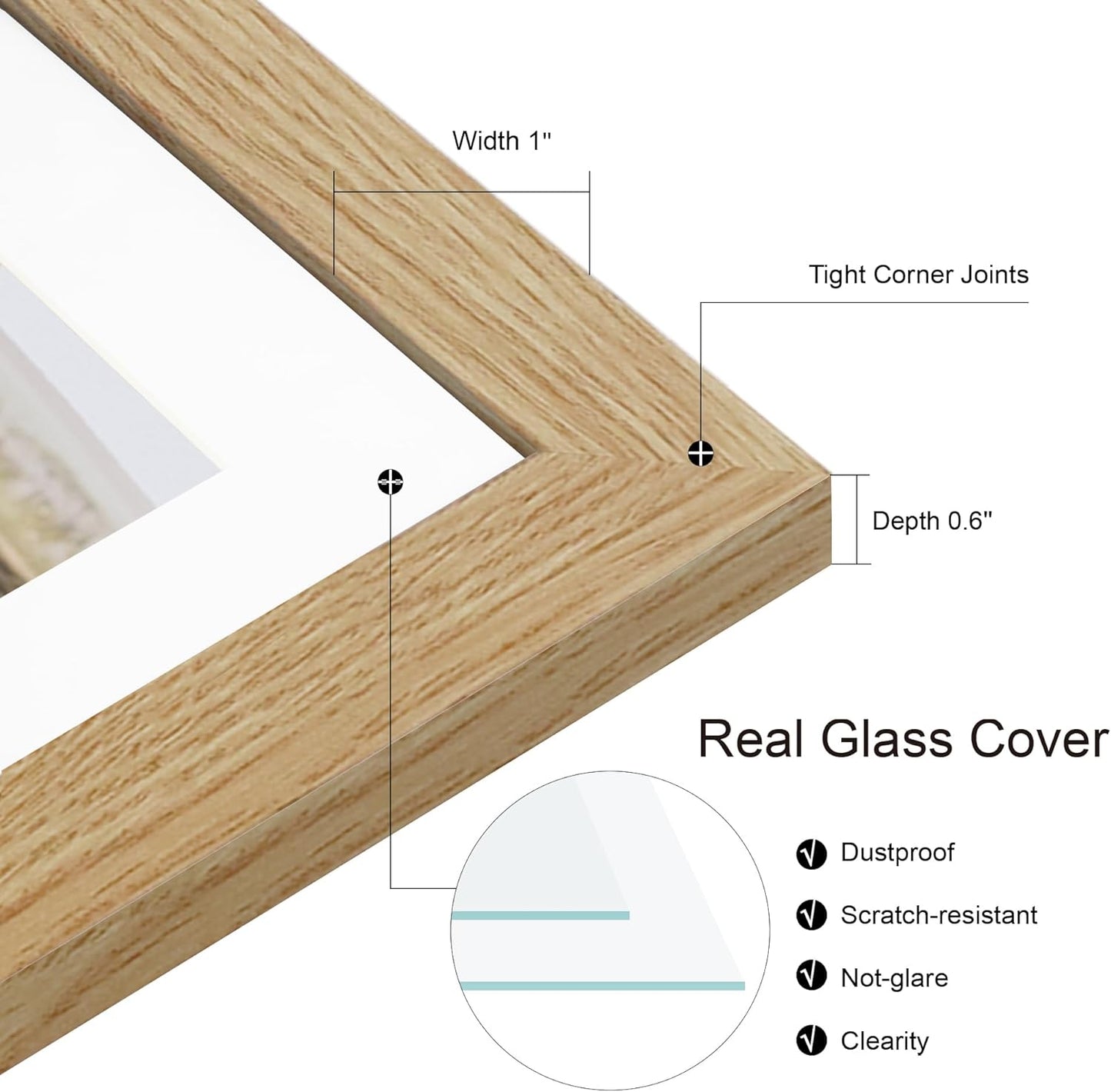 8x10 Picture Frame Set of 2, Natural Oak Wood Frame with Glass Collage Frame, Display Pictures Two 4x6 With Mat or 8 x 10 Without Mat - Horizontal or Vertical Wall Mounting