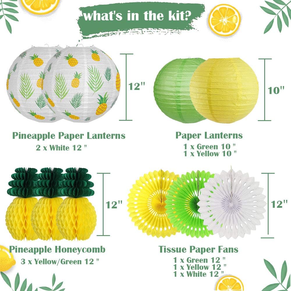 Pineapple Party Decorations Hanging Paper Lanterns Pineapple Honeycomb Tissue Paper Fans for Hawaiian Tropical Birthday Luau Party Decorations Summer Decor (Yellow)