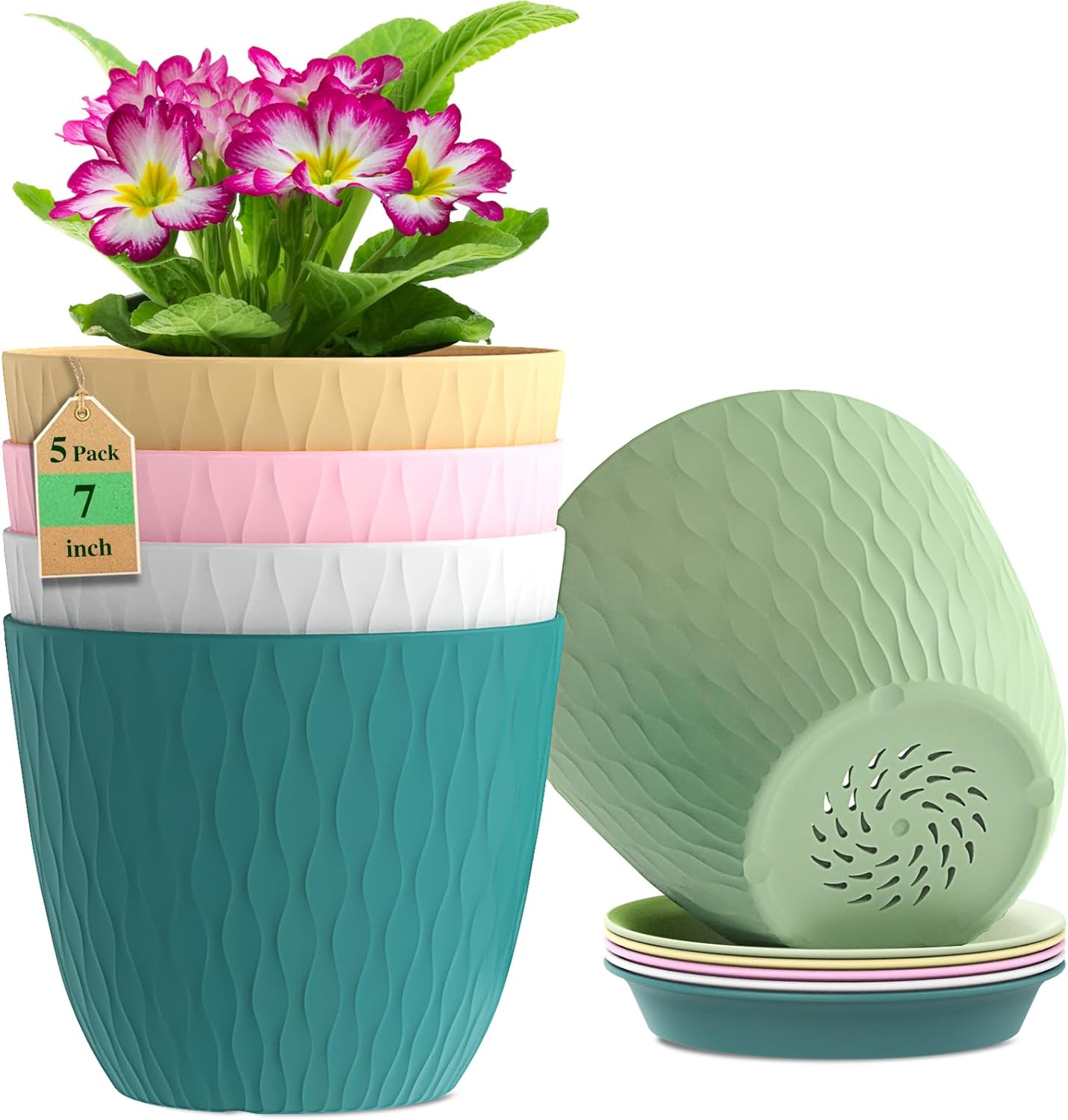 7 inch Plant Pots, 5 Pack Flower Pots with Drainage Holes and Saucers for Indoor Plants, Plastic Planters with Water Ripple for Small Garden House Plants, Nursery Pots for Succulent, Colorful