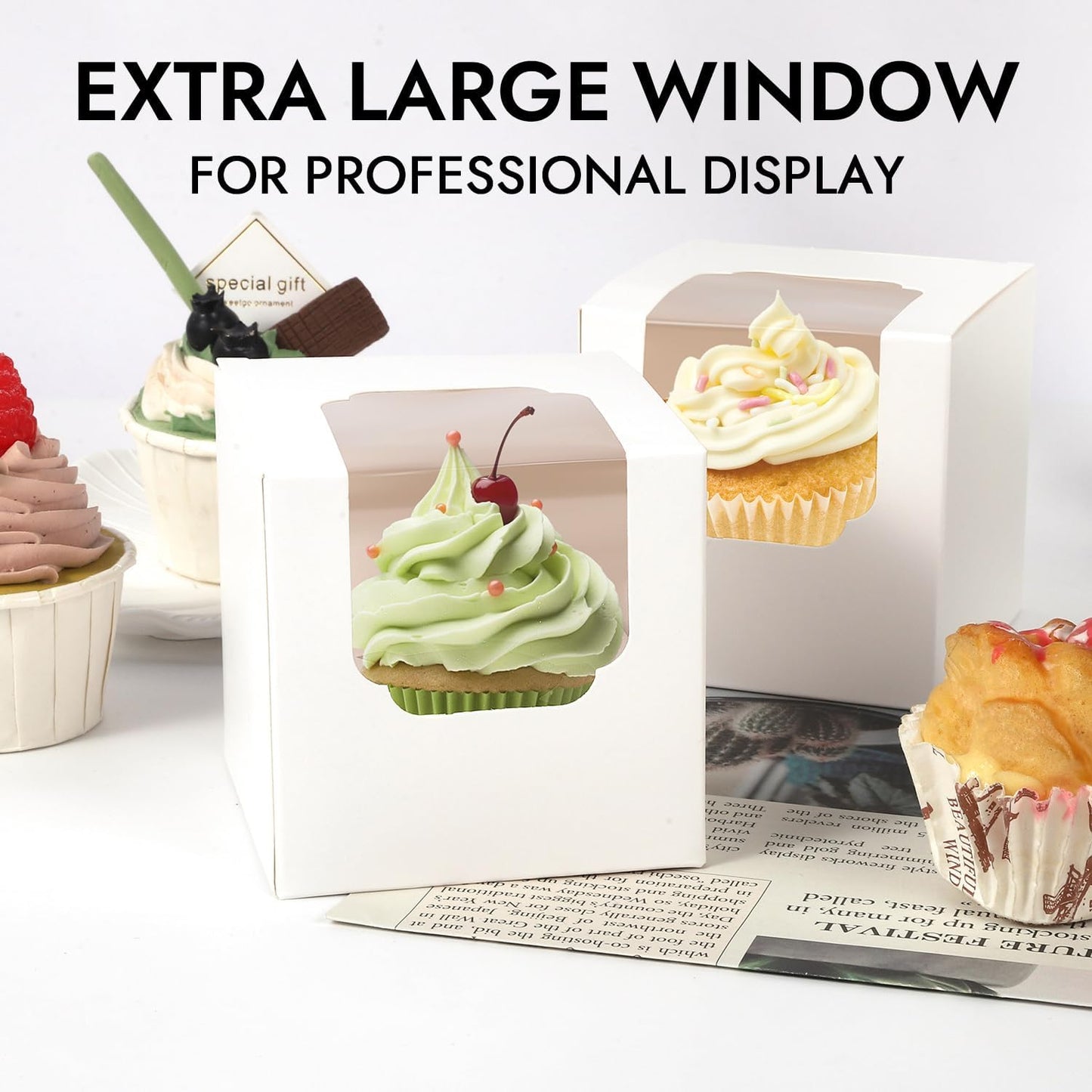 JCD 70pcs Cupcake Boxes, 3.5inches Auto-Pop up Single Individual Pre-Assembled White Cake Boxes with Window and Inserts Single Cupcake Containers for Birthdays, Wedding(White/70Pcs)