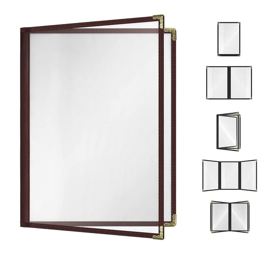 Goodsmart Restaurant Menu Covers - 25 Pack Brown 8.5" x 11", 2-Page/4-View, Side-Loading Vinyl Menu Holders, Clear Sleeves, Double-Stitched Edge, Leather-Style Café Menu Covers with Gold Corners