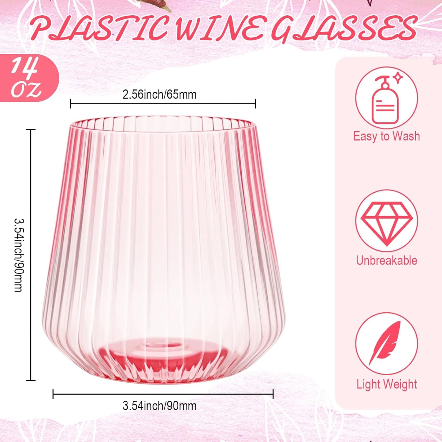 Suclain Plastic Wine Glasses Ribbed Stemless Wine Glasses 14oz Vertical Design Unbreakable Cups for Outdoor Indoor Vintage Elegant Champagne Whiskey Cups for Party Wedding(Pink,100 Pcs)