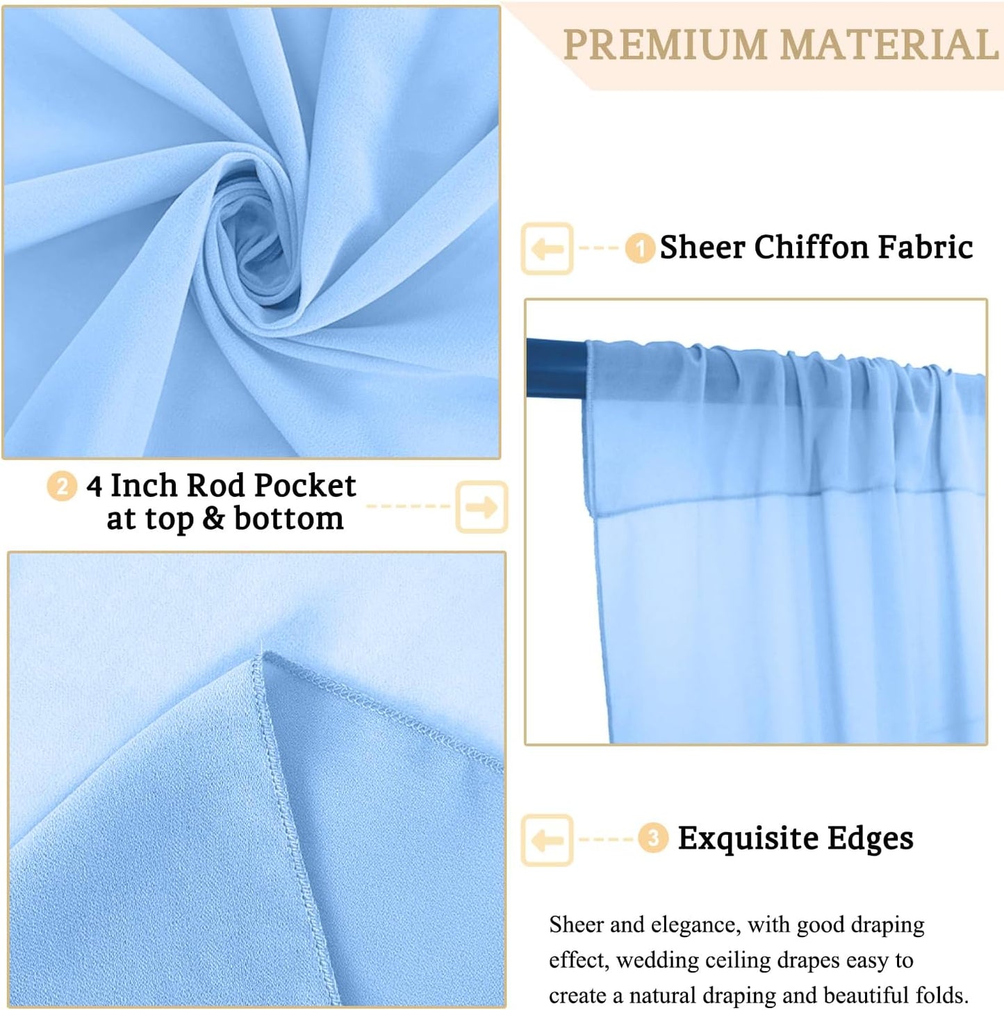 MODFUNS Baby Blue Ceiling Drapes Chiffon Ceiling Fabric Draping Fabric 5x30ft 4 Panels Semi Sheer Wedding Arch Drape Unique Ceiling Curtain for Wedding Banquet Stage Prom Ceiling Drapery
