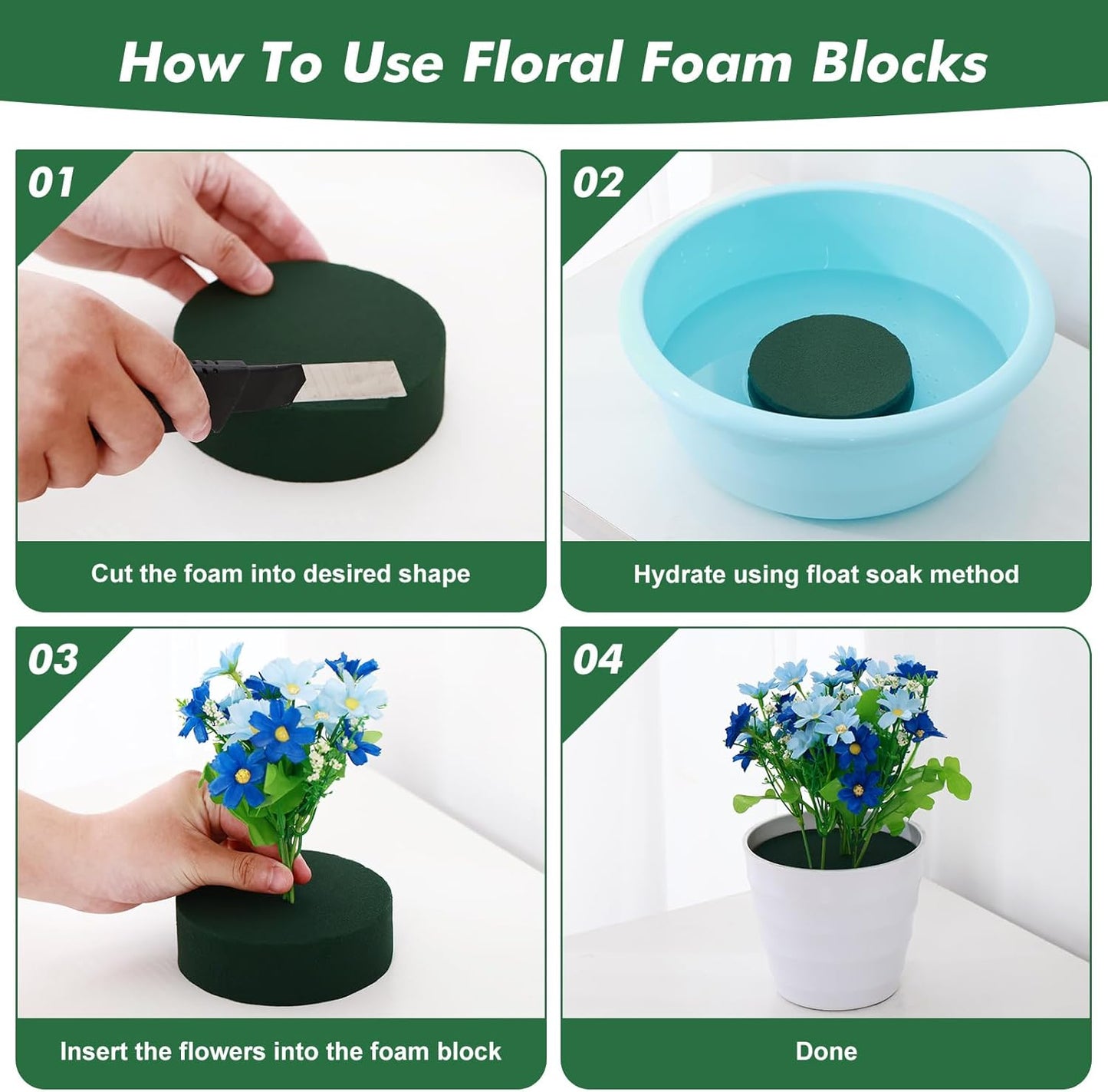 8 Pcs Round Floral Foam Blocks for Fresh & Artificial Flowers, 6.5" Wet & Dry Green Flower Foam for Indoor Outdoor Floral Arrangements, Large Styrofoam Block for Wedding, Birthdays, Home Décor