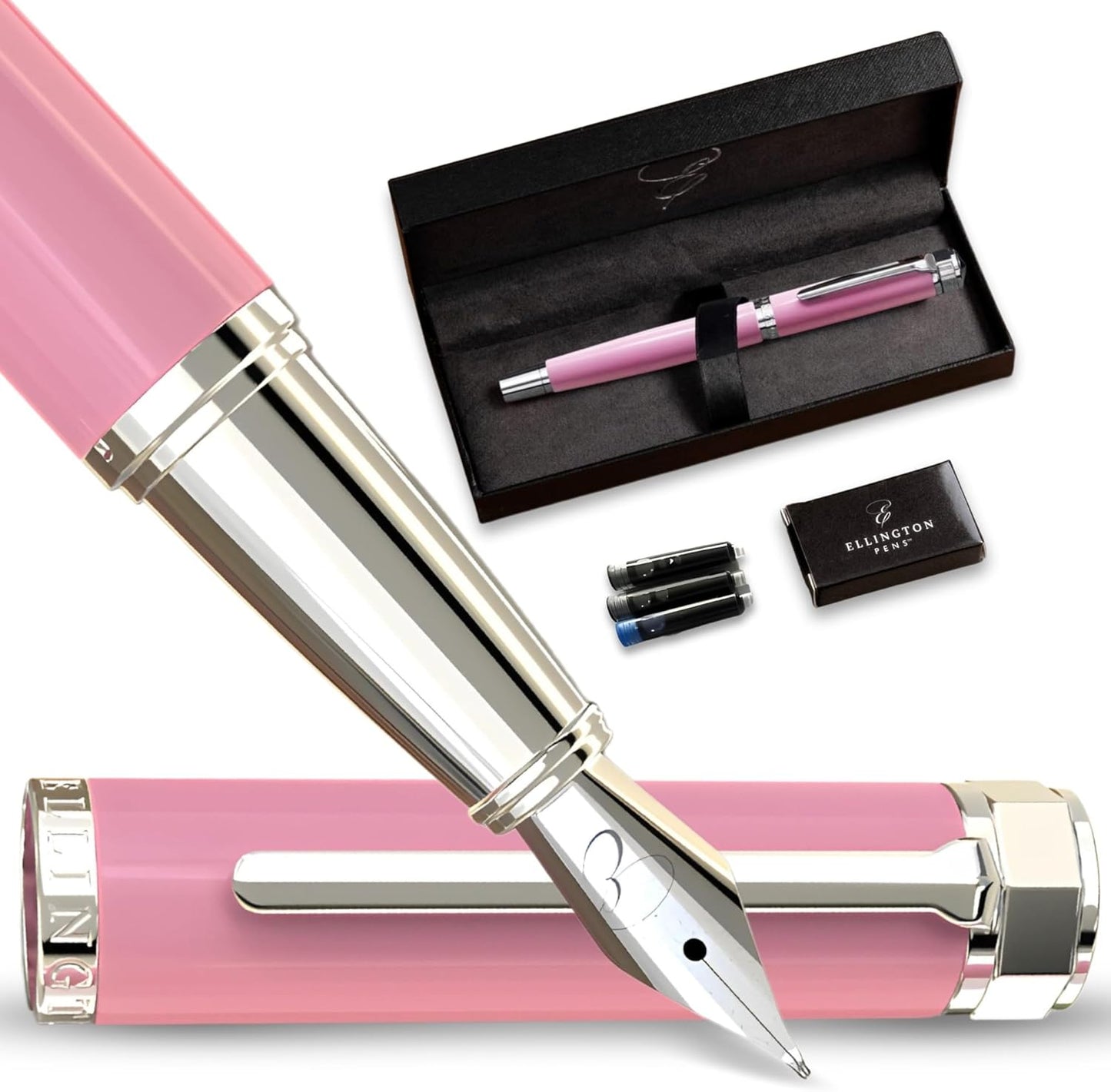 Ellington Pens Luxury Fountain Pen Set- Fountain Pens for Writing - Smooth Medium Nib - Includes Refillable Ink Converter, 3 Ink Cartridges [Black & Blue], Gift Box - Elegant Calligraphy